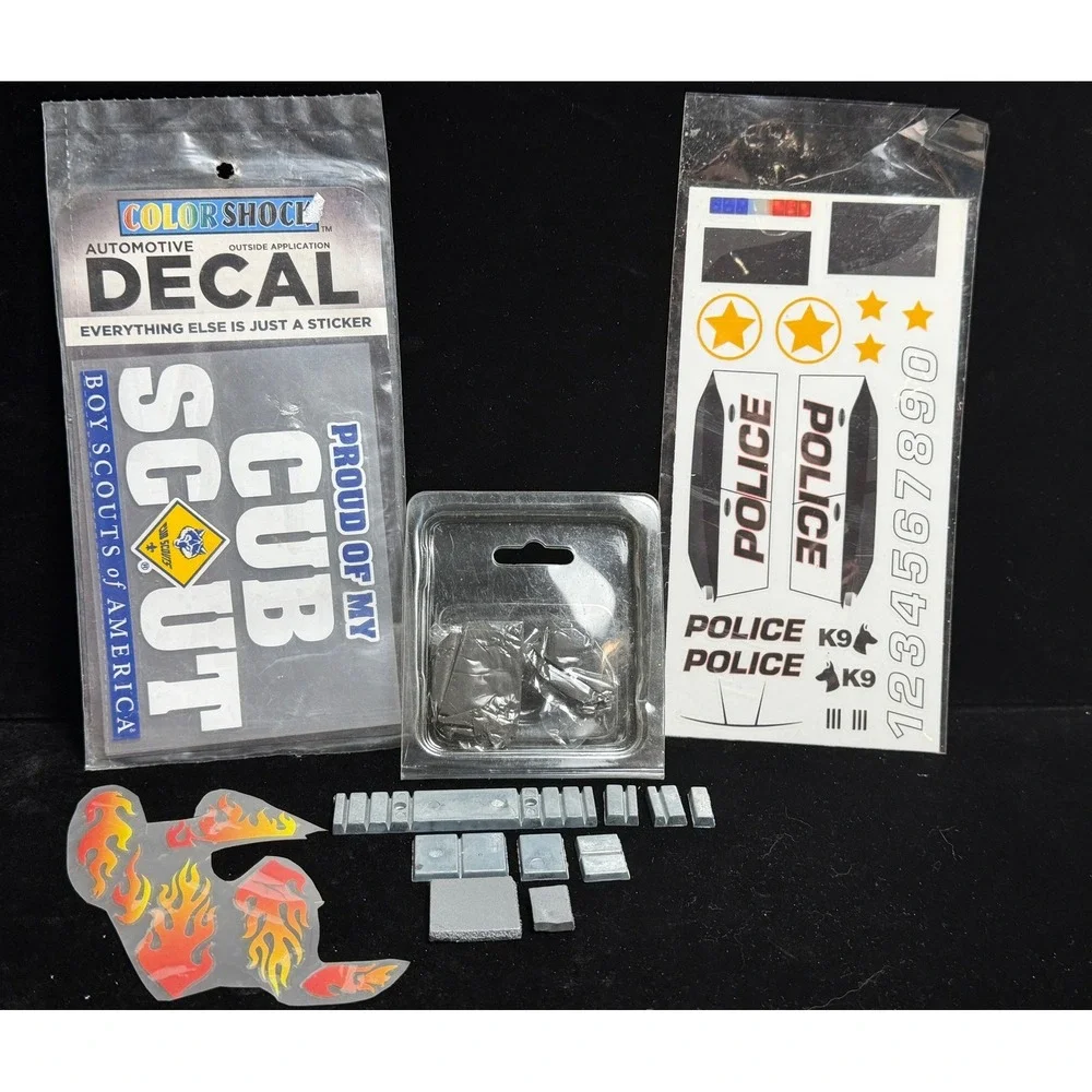 Pinewood Derby Accessories Lot Cub Scout Decal Police Stickers Weights Foam